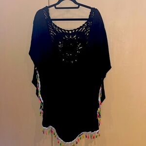 Shein beach cover up /top OS fits most, generous sizing black with neon tassels